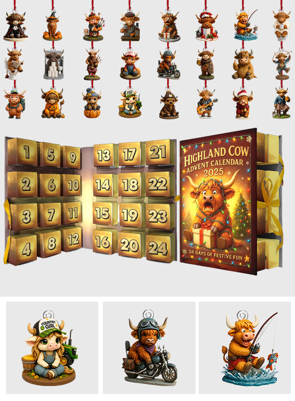 Highland Cow Advent Calendar 2025 - Highland Cow Folded Advent Calendar With Ornaments