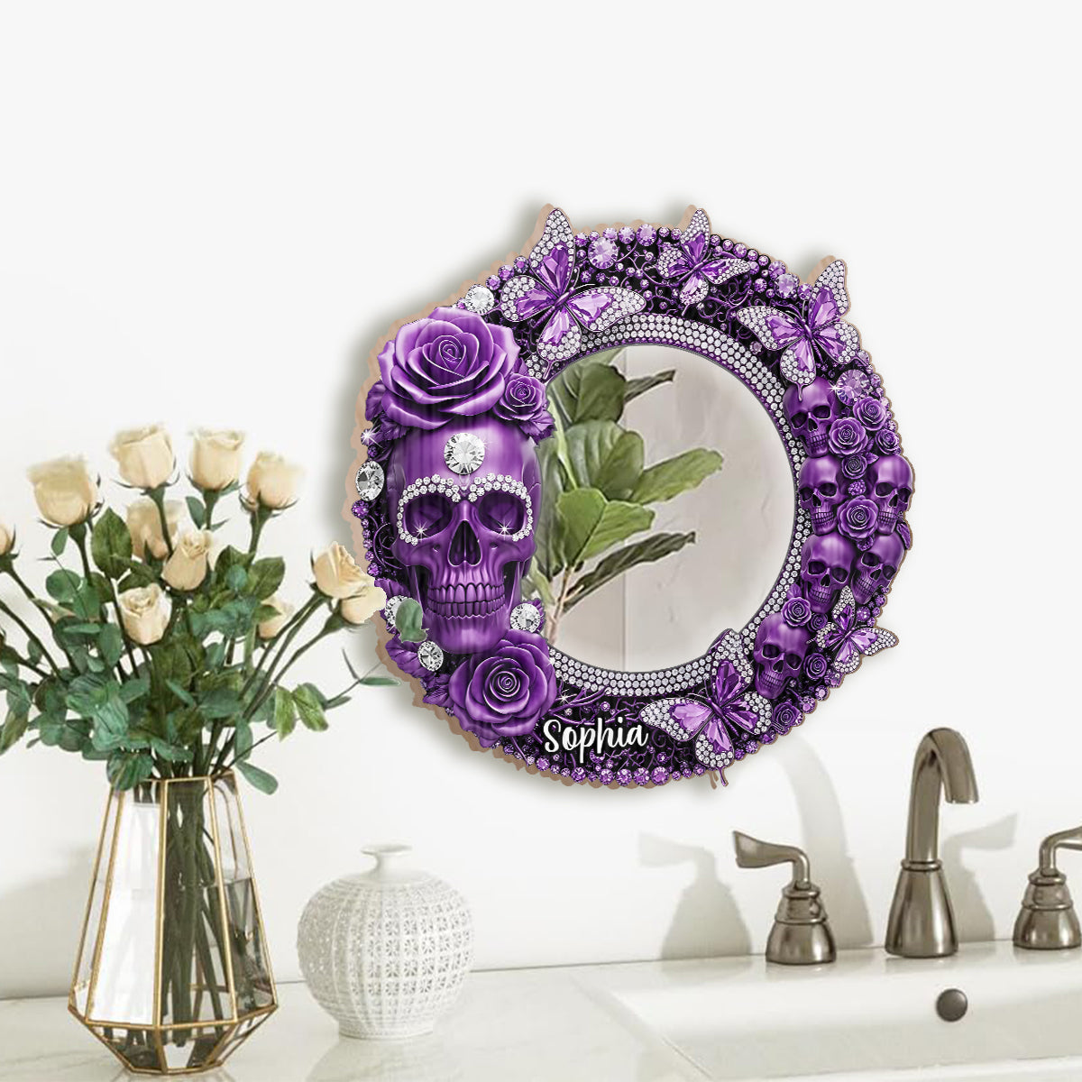 Beautiful Skull With Roses - Personalized Skull Wall Hanging Mirror