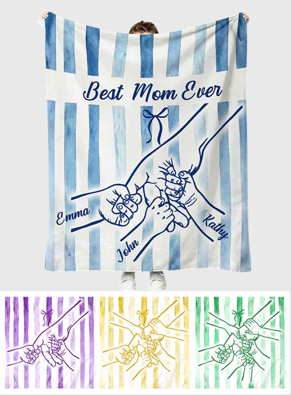 Best Mom Ever Hands Holding Retro Pastel Stripes - Personalized Mother Blanket