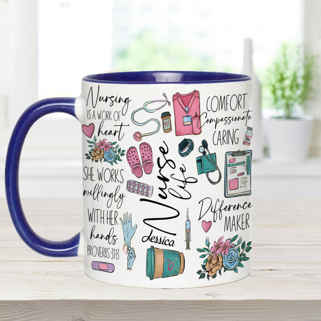 Nursing Is A Work Of Heart - Personalized Nurse Accent Mug