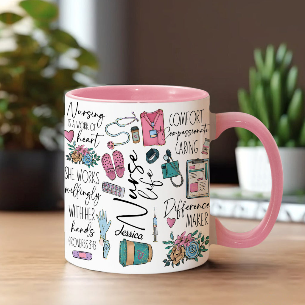 Nursing Is A Work Of Heart - Personalized Nurse Accent Mug