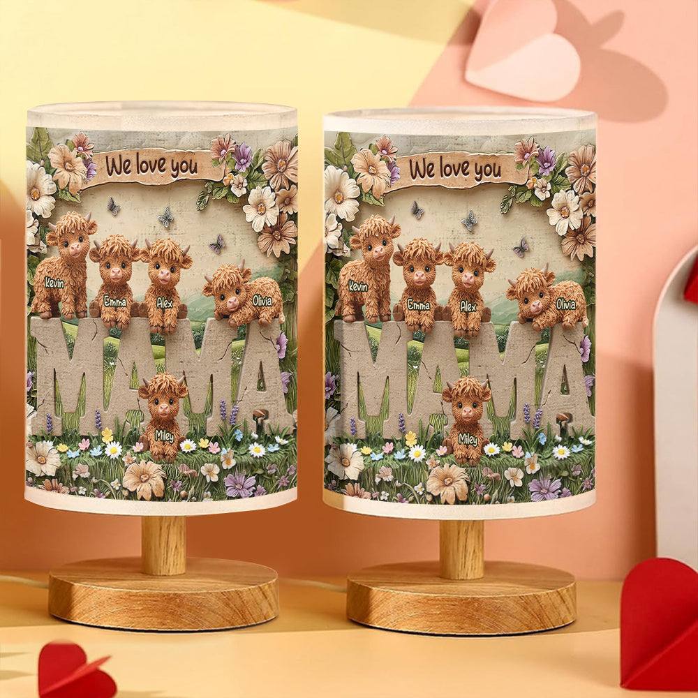 Cute Highland Cow Mama - Personalized Mother Table Lamp with Wood Base