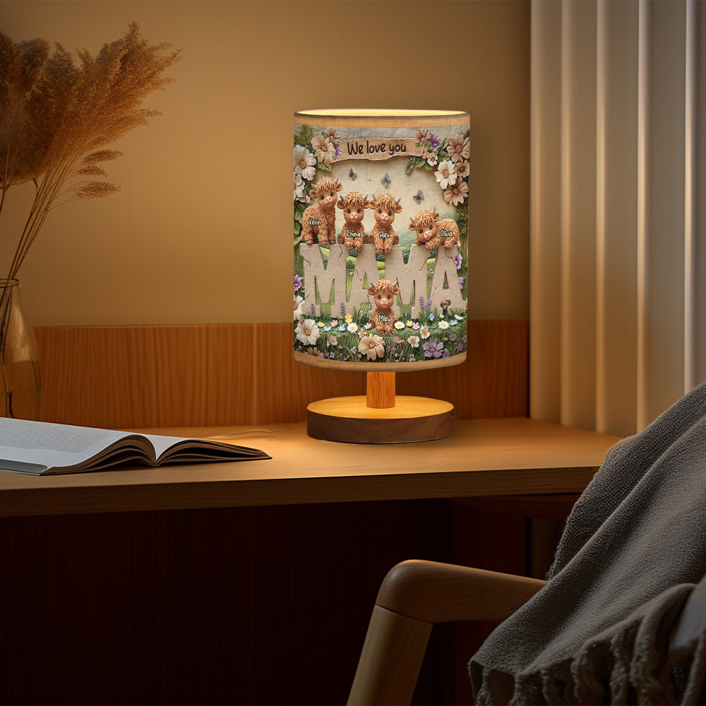 Cute Highland Cow Mama - Personalized Mother Table Lamp with Wood Base
