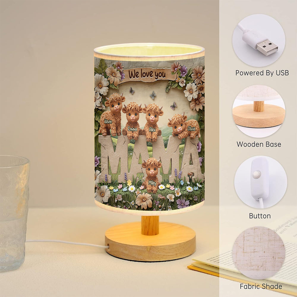 Cute Highland Cow Mama - Personalized Mother Table Lamp with Wood Base