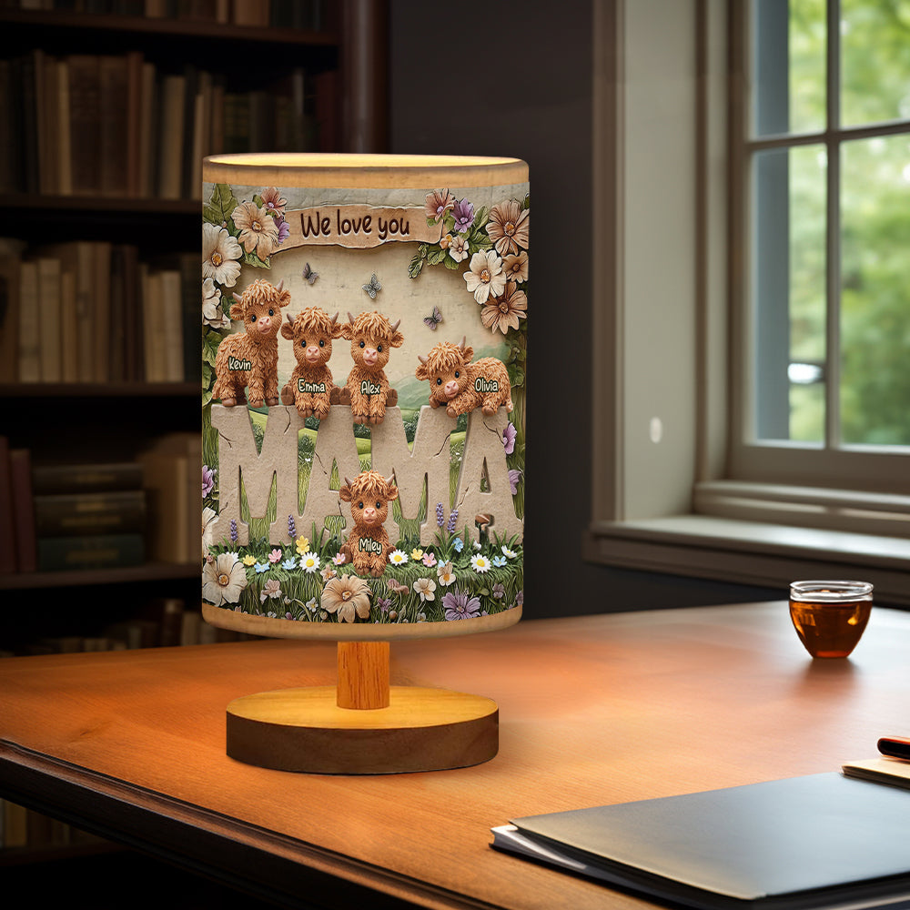Cute Highland Cow Mama - Personalized Mother Table Lamp with Wood Base