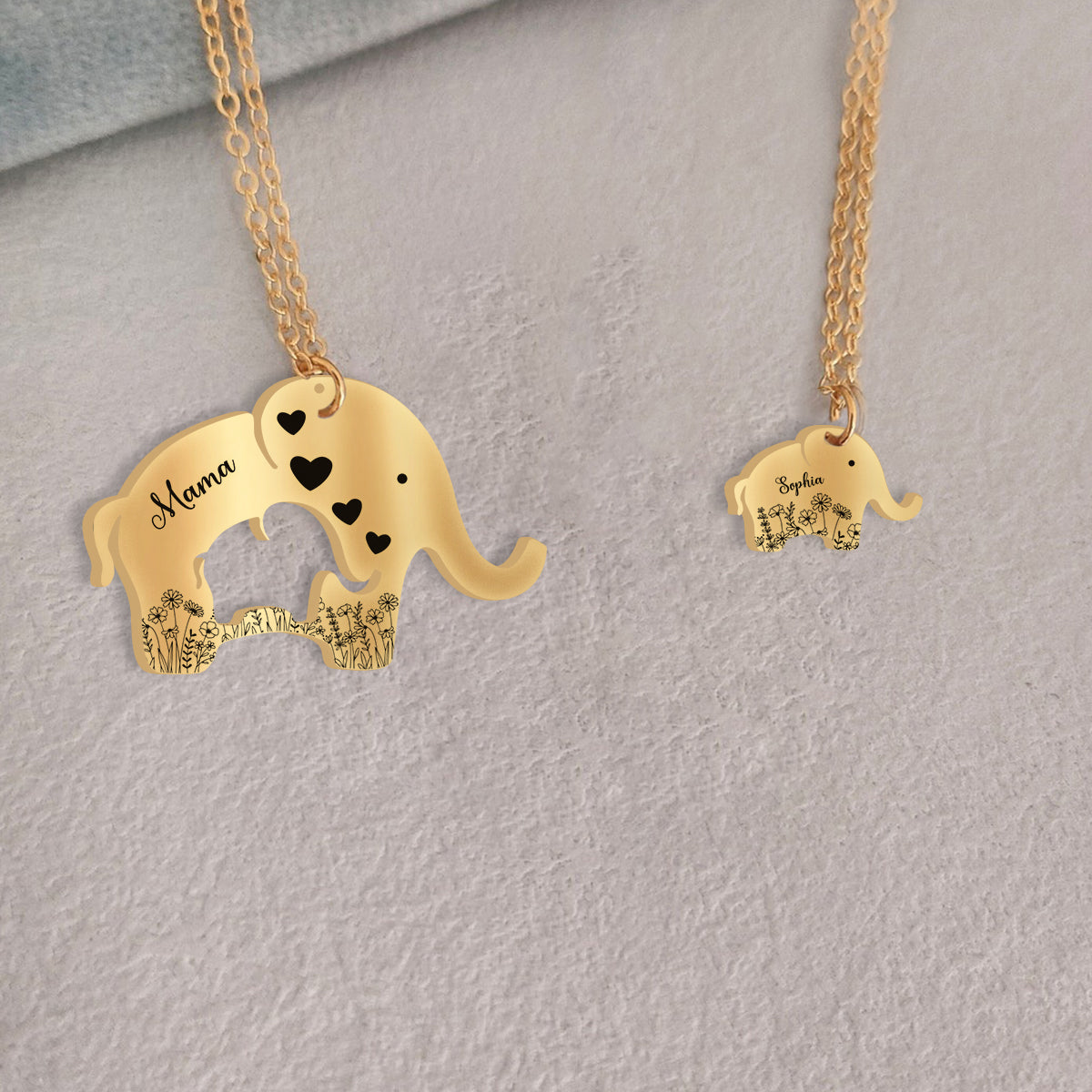Cute Foral Elephant Mom & Child Necklace - Personalized Mother Matching Pendant Necklace