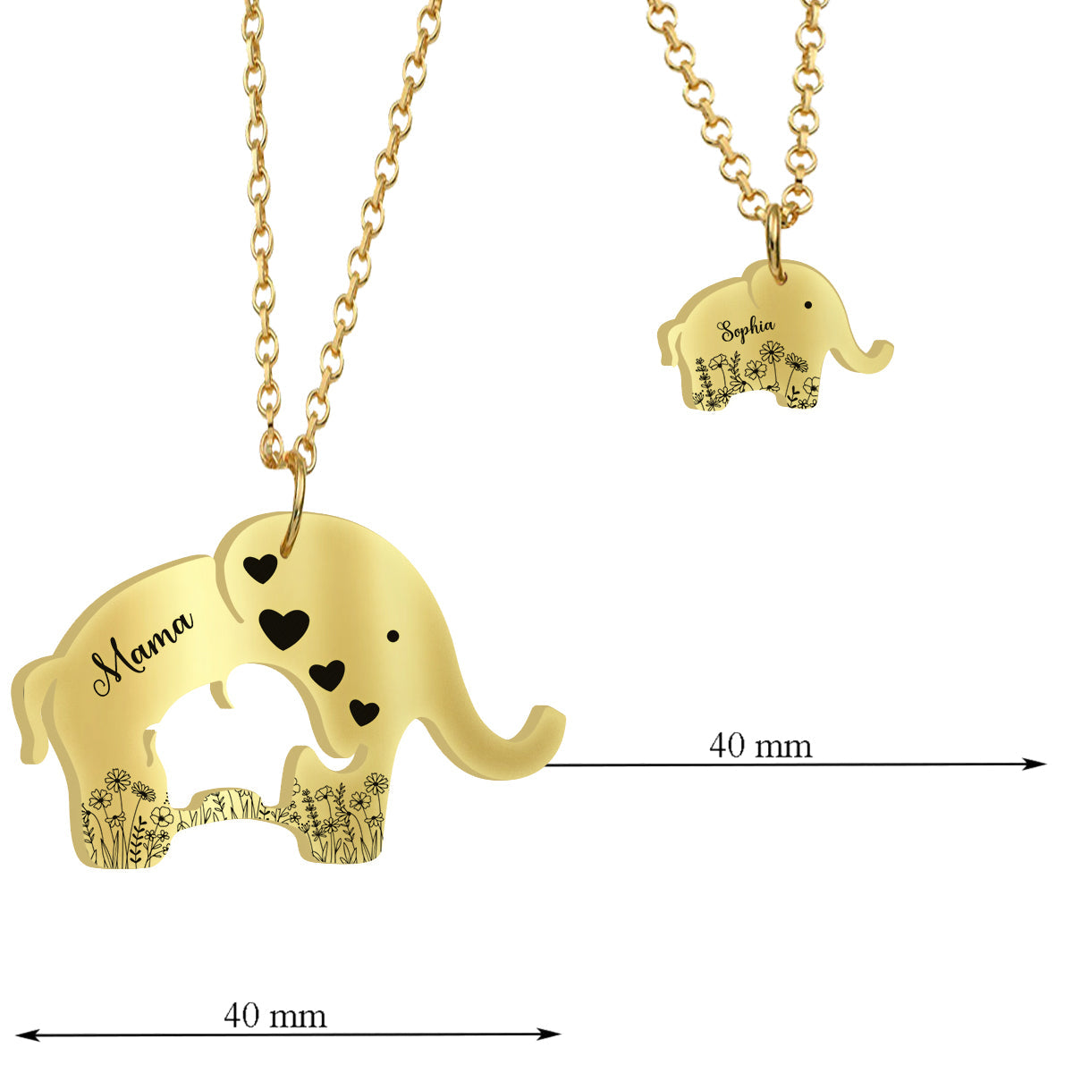 Cute Foral Elephant Mom & Child Necklace - Personalized Mother Matching Pendant Necklace