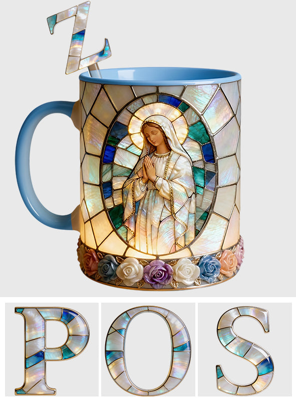 Unsere Liebe Frau der Gnade – Personalisierte christliche Tasse mit Acryl-Rührstäbchen