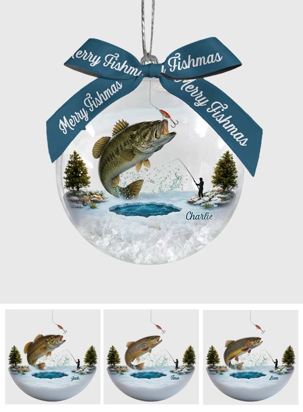 Merry Fishmas - Personalized Fishing Snow Globe Ornament With Bow