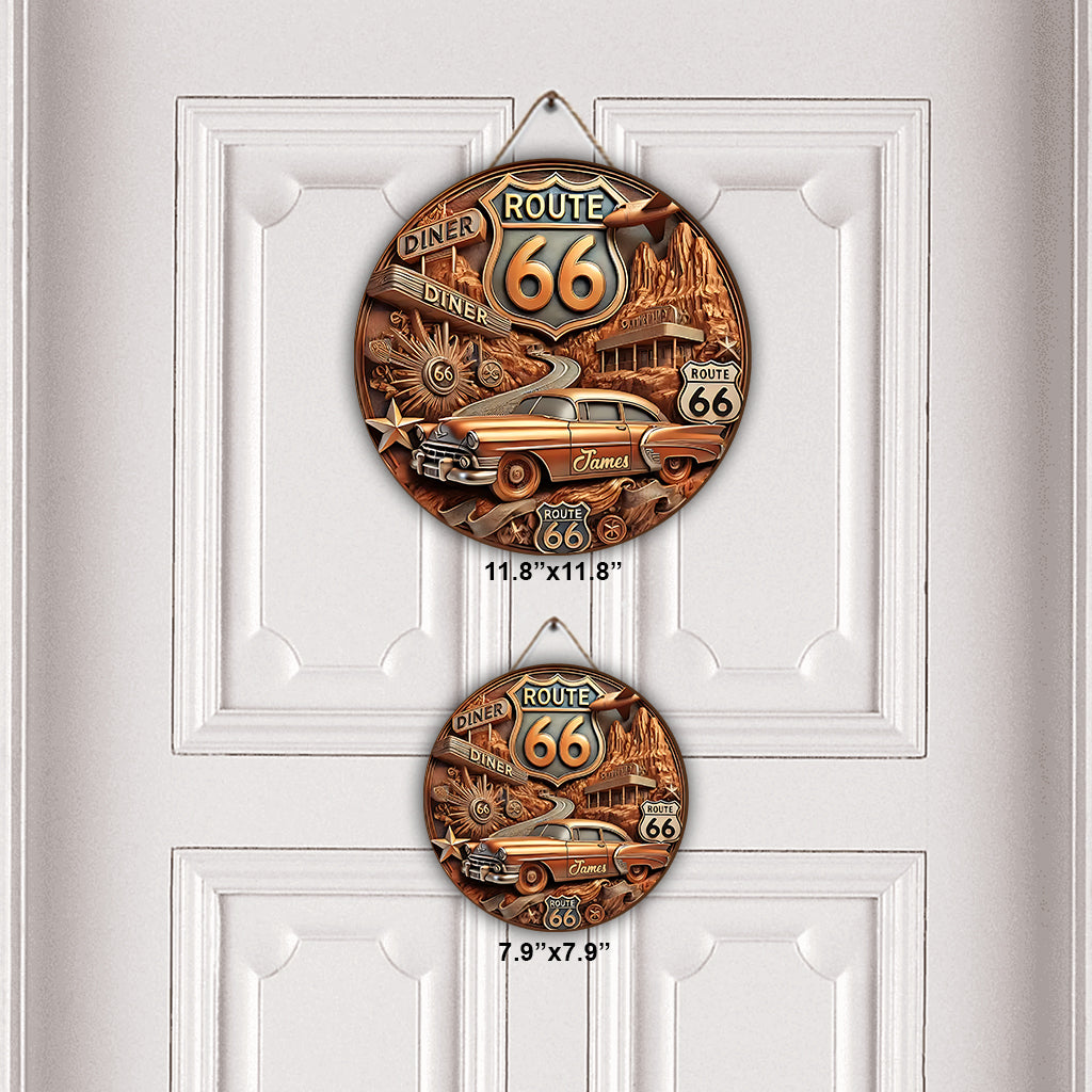 Vintage Route 66 - Personalized Muscle Car Round Wood Sign