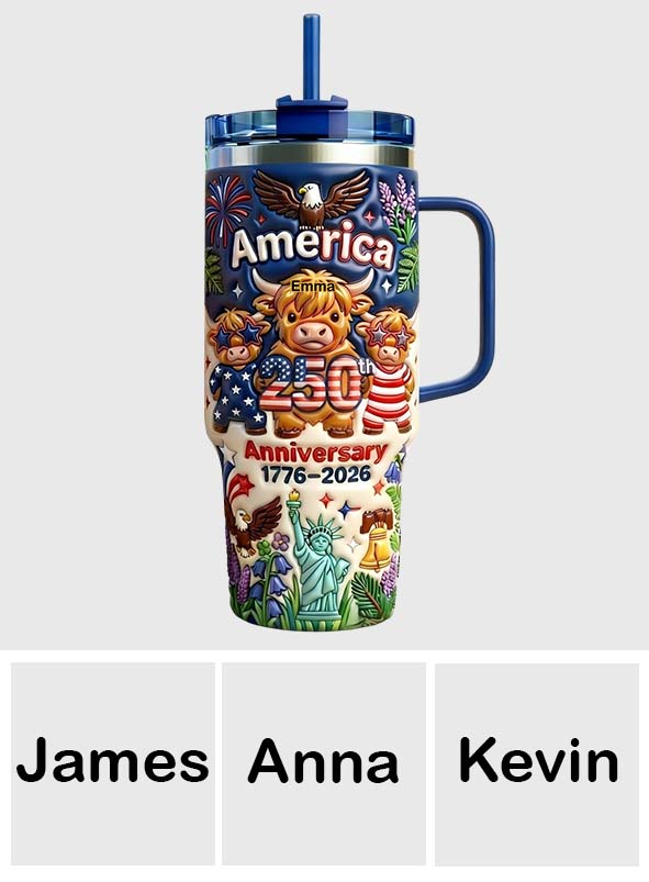 Niedliche Highland Cow Amerika 250. Jubiläum - Personalisierter Highland Cow Becher mit Griff