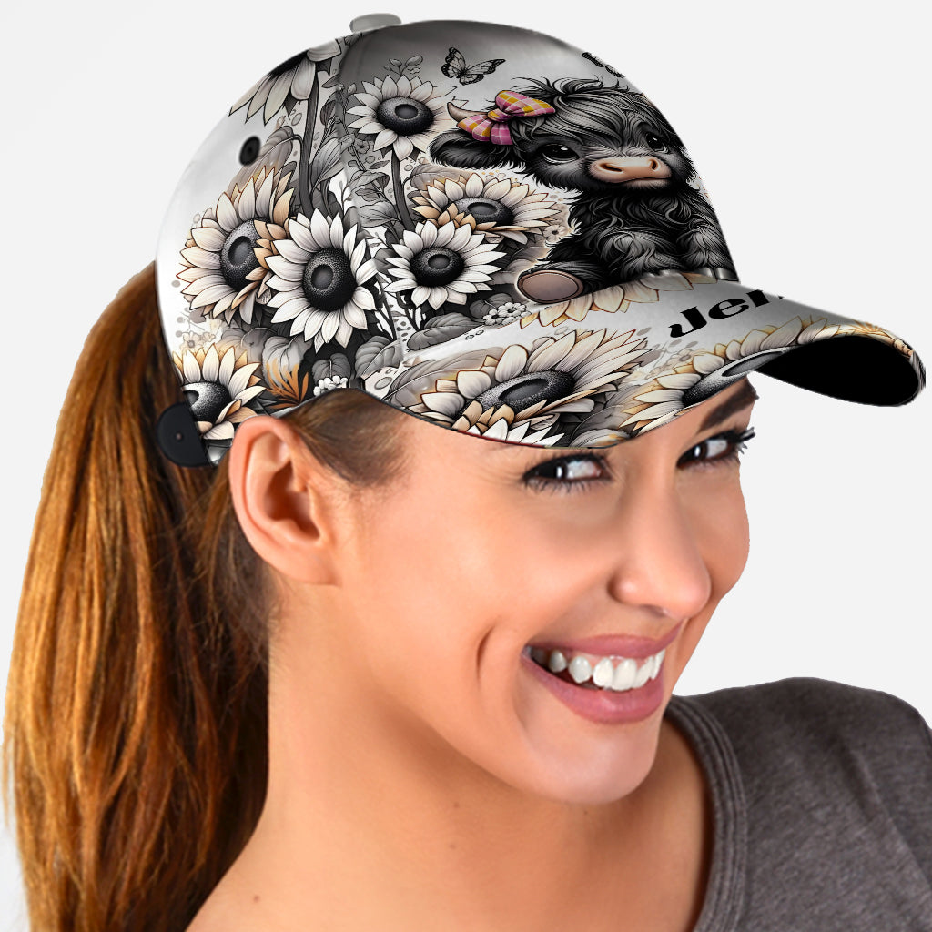 Black and White Highland Cow Flower - Personalized Highland Cow Classic Cap