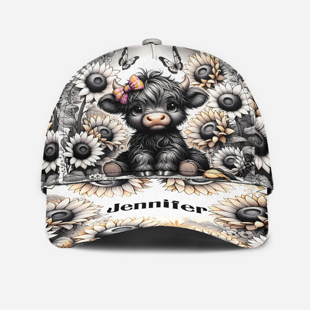 Black and White Highland Cow Flower - Personalized Highland Cow Classic Cap