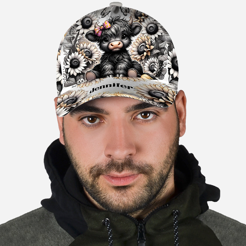 Black and White Highland Cow Flower - Personalized Highland Cow Classic Cap