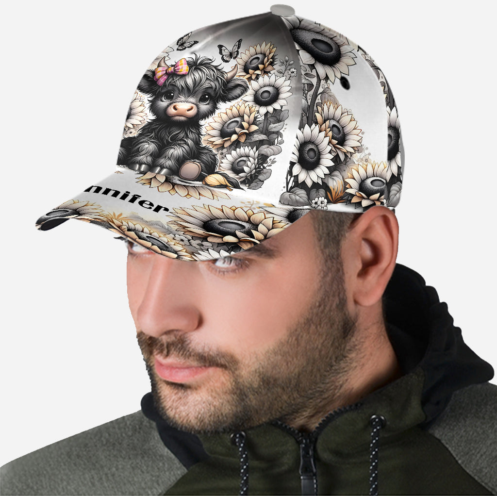 Black and White Highland Cow Flower - Personalized Highland Cow Classic Cap