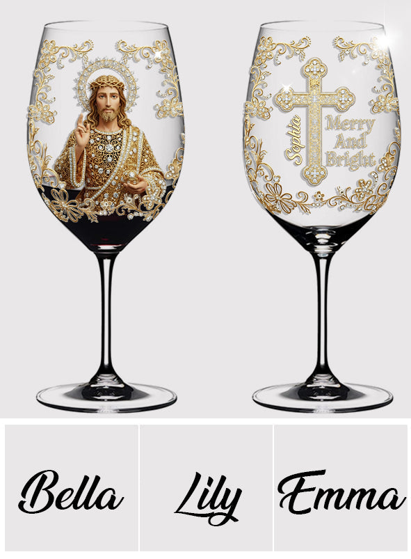 Jesus Christmas Merry And Bright - Personalized Christian Wine Glass With Long Stem