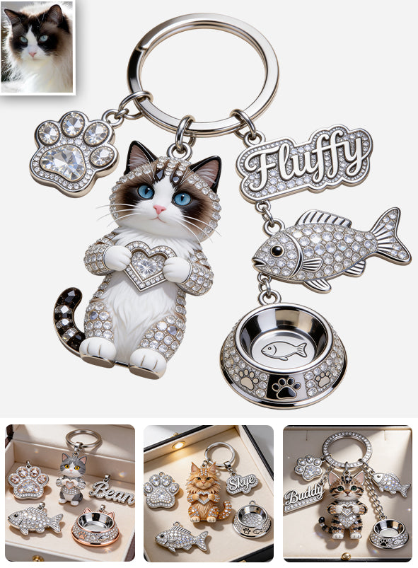 Ich liebe meine Katze - Personalisierter Katzen Premium Schlüsselanhänger mit Charms