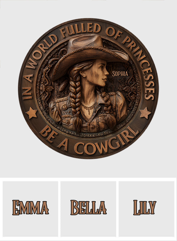 In A World Fulled Of Princesses Be A Cowgirl - Personalized Cowgirl Round Wood Sign