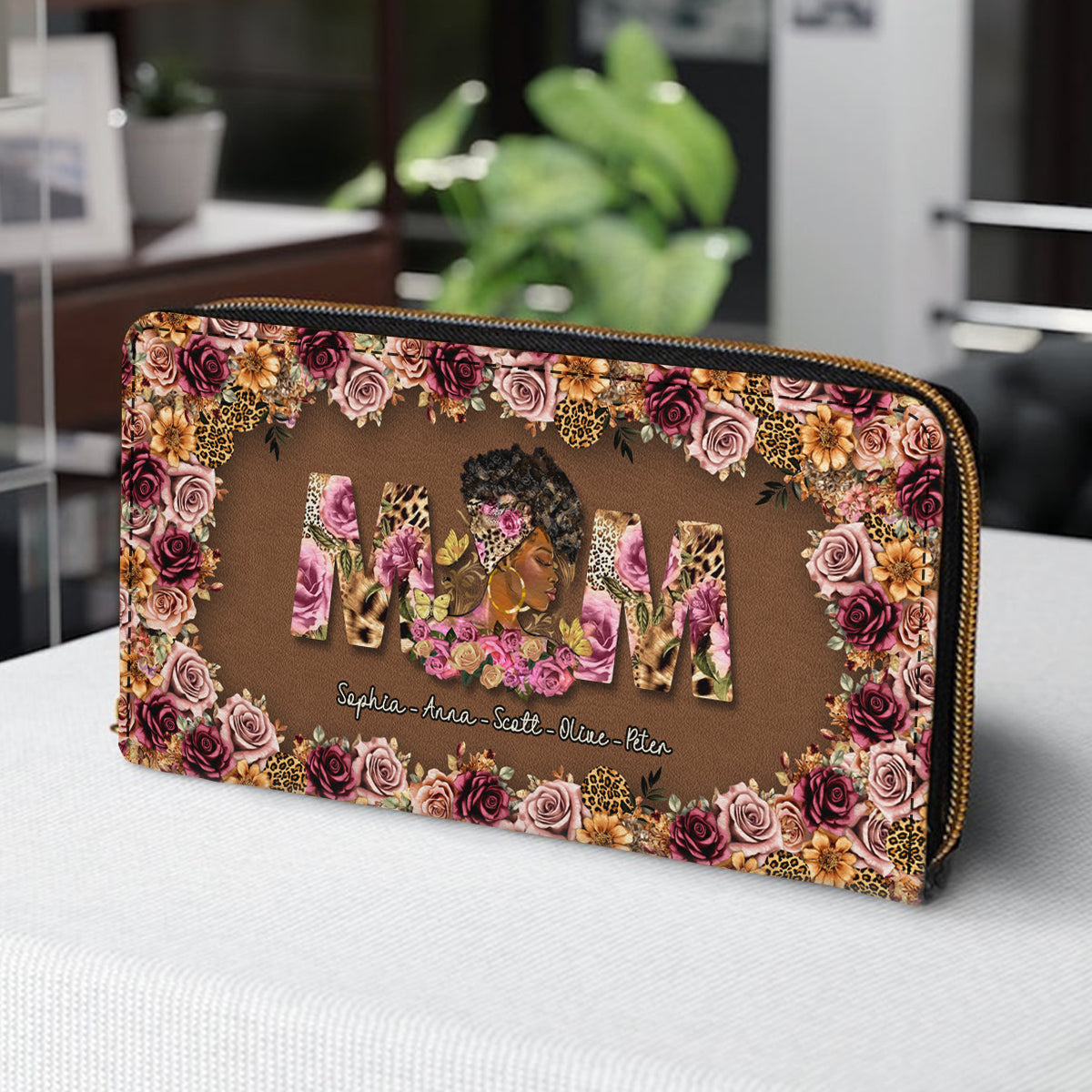 Leopard Afro Mom Grandma - Personalized Mother Leather Long Wallet