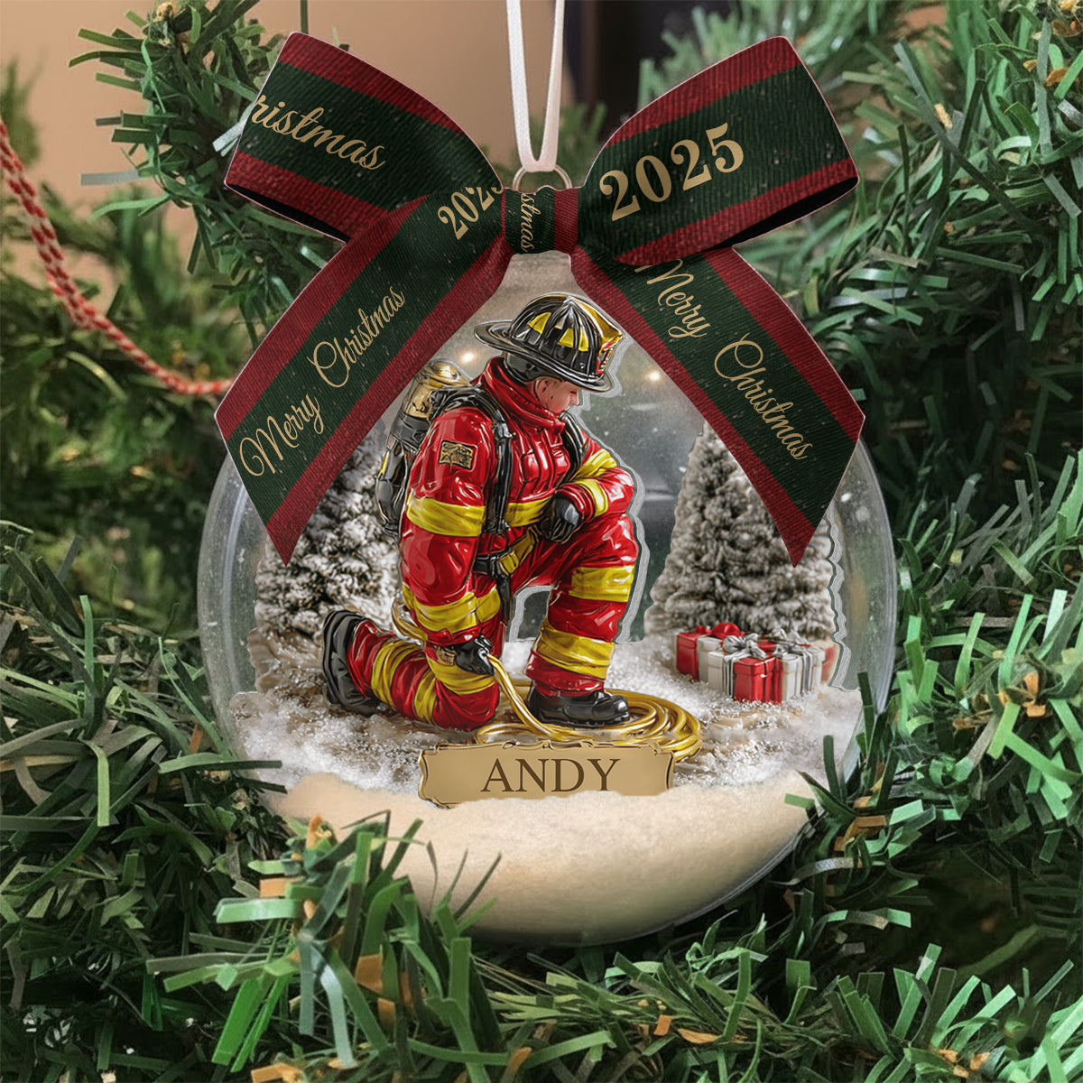 Proud Firefighter - Personalized Firefighter Snow Globe Ornament With Bow