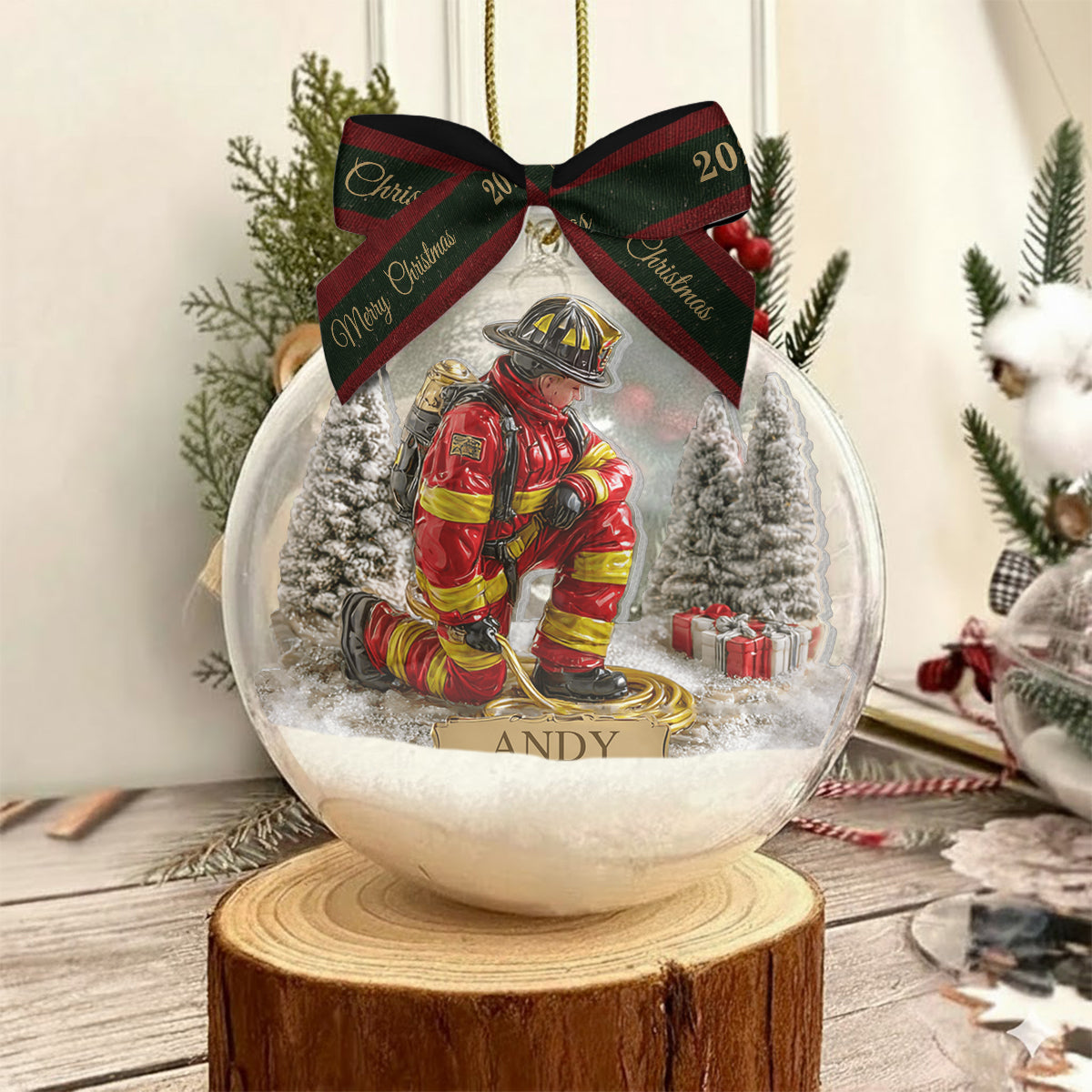 Proud Firefighter - Personalized Firefighter Snow Globe Ornament With Bow