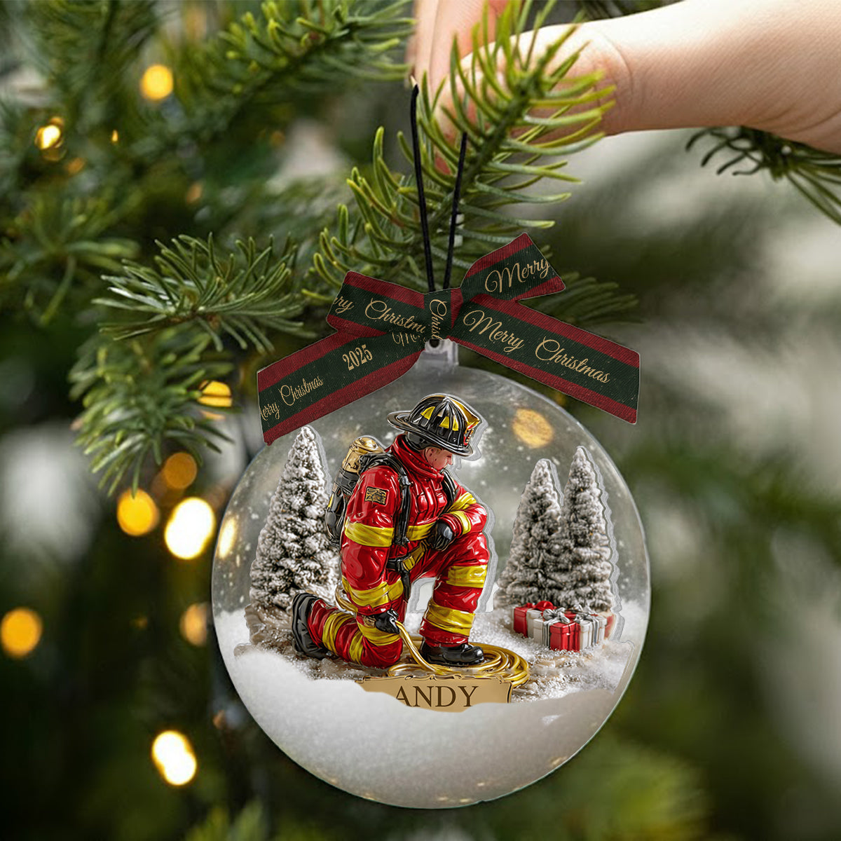 Proud Firefighter - Personalized Firefighter Snow Globe Ornament With Bow