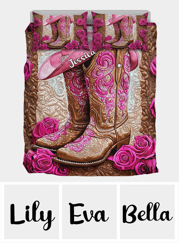 Bottes de cowgirl roses - Ensemble de courtepointe de cowgirl personnalisé