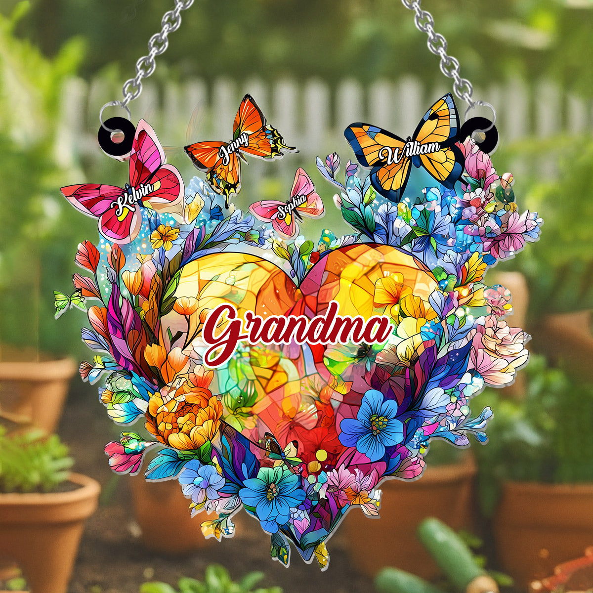 Grandma Mom Flower Heart And Butterflies - Personalized Grandma Window Hanging Suncatcher Ornament