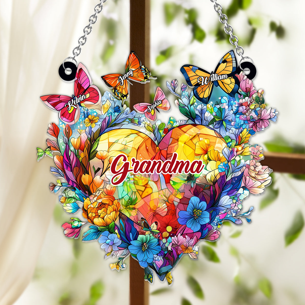 Grandma Mom Flower Heart And Butterflies - Personalized Grandma Window Hanging Suncatcher Ornament