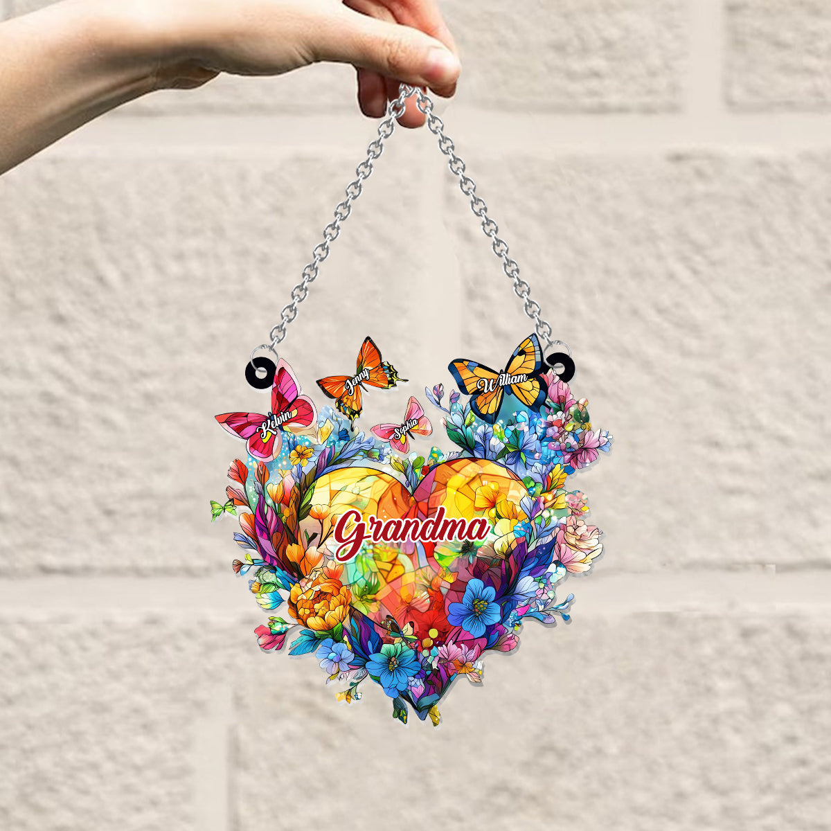 Grandma Mom Flower Heart And Butterflies - Personalized Grandma Window Hanging Suncatcher Ornament