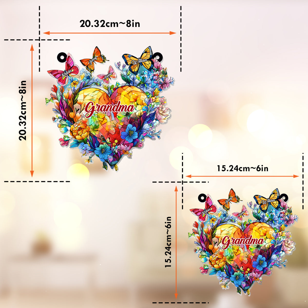 Grandma Mom Flower Heart And Butterflies - Personalized Grandma Window Hanging Suncatcher Ornament