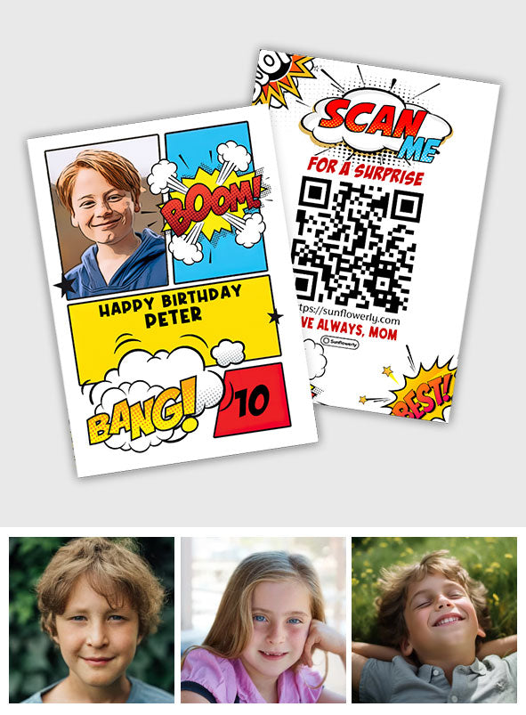 Birthday Comic Book Photo Upload - Personalized QR Greeting Card