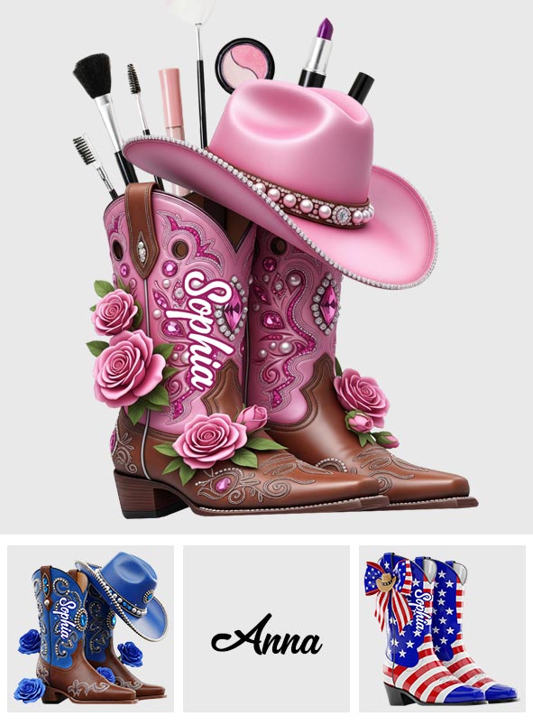 Cowgirl-Stiefel – Personalisierter Schminkpinselhalter aus Holz im Cowgirl-Stil