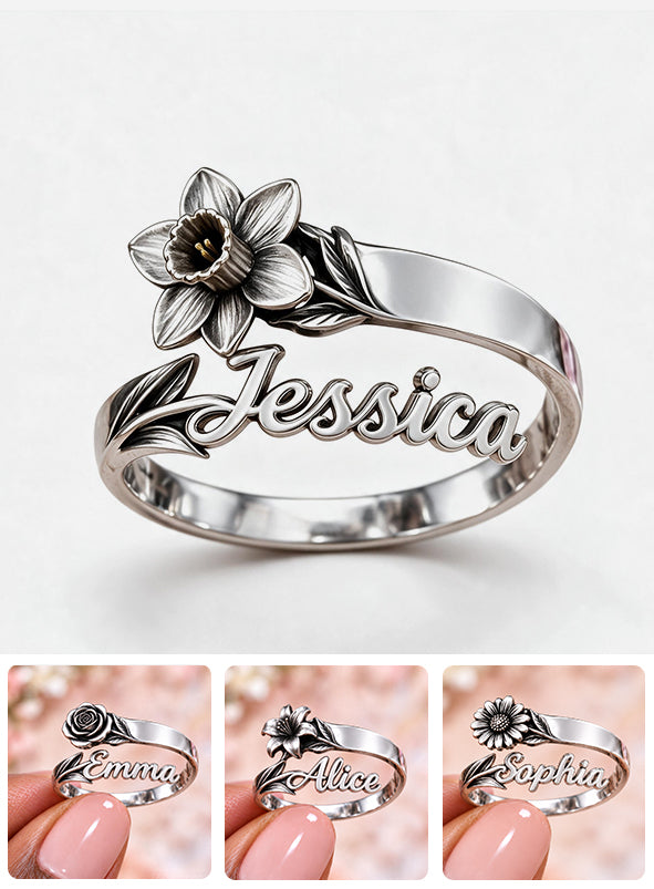 Customize With Any Flower & Name - Personalized Self Love Adjustable Shaped Ring