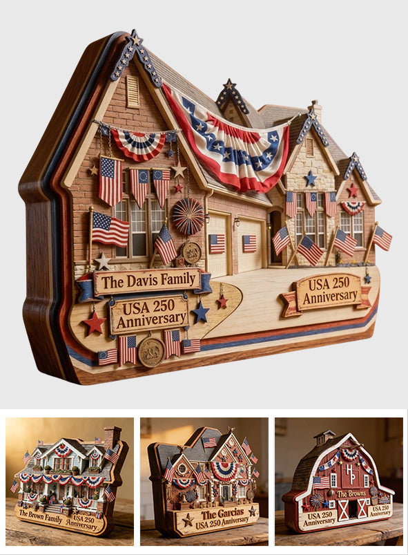American House 250 Jubiläum - Personalisierte Familien Holzplakette in Sonderform