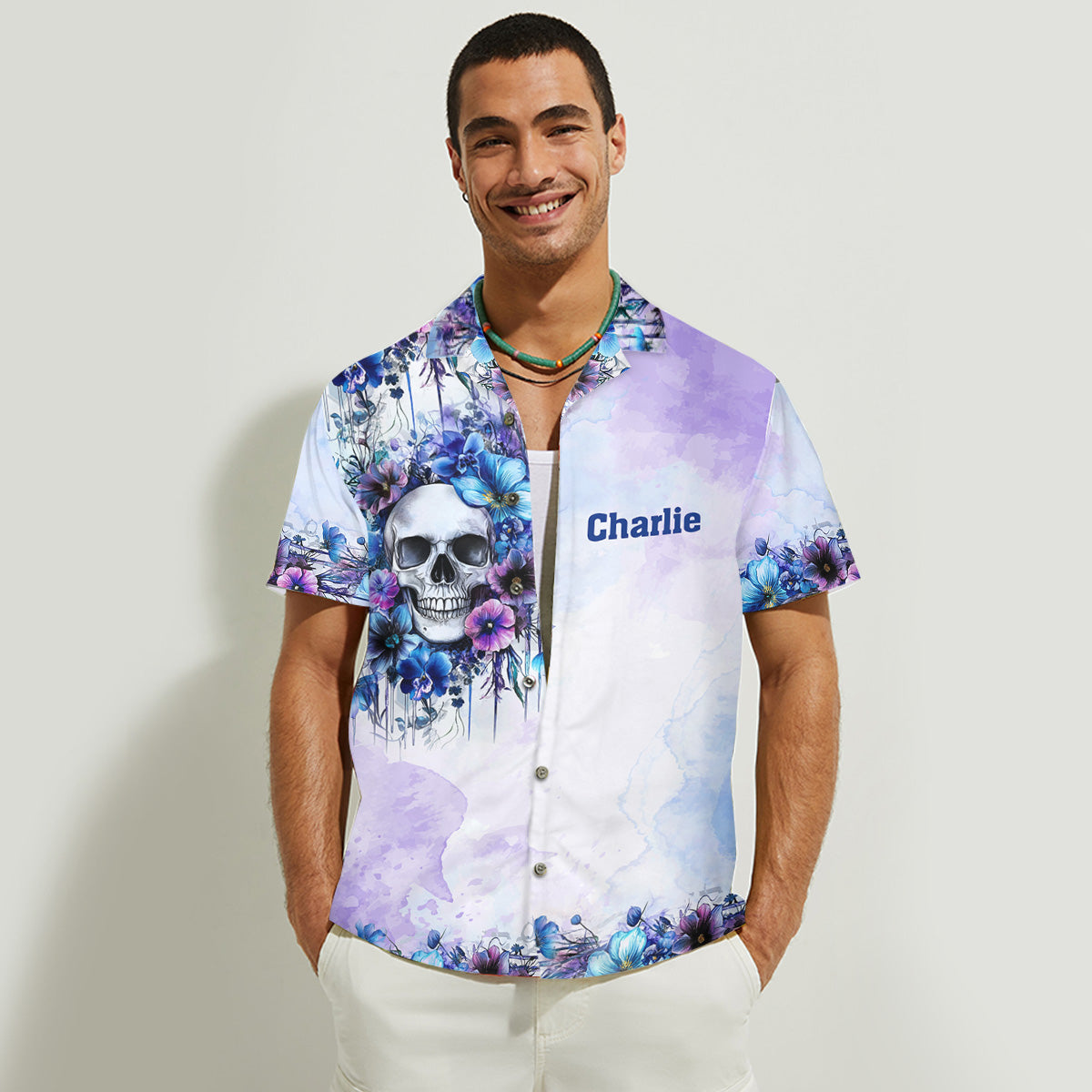 Watercolor Floral Skull - Personalized Skull Hawaiian Shirt & Sleeveless Dress