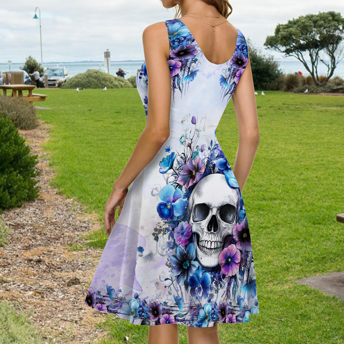 Watercolor Floral Skull - Personalized Skull Hawaiian Shirt & Sleeveless Dress