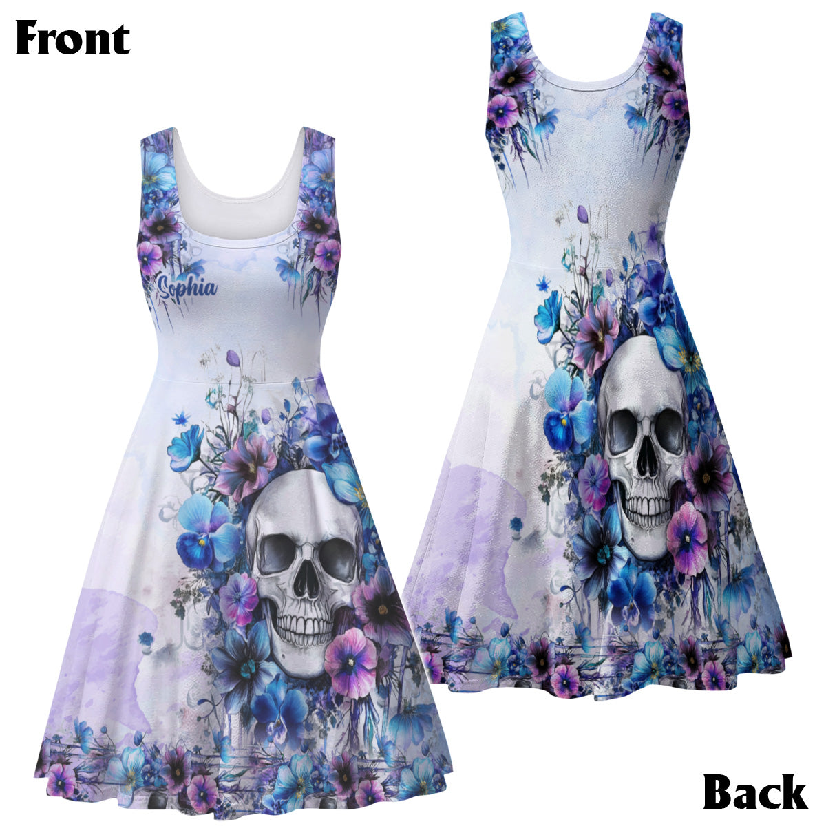 Watercolor Floral Skull - Personalized Skull Hawaiian Shirt & Sleeveless Dress