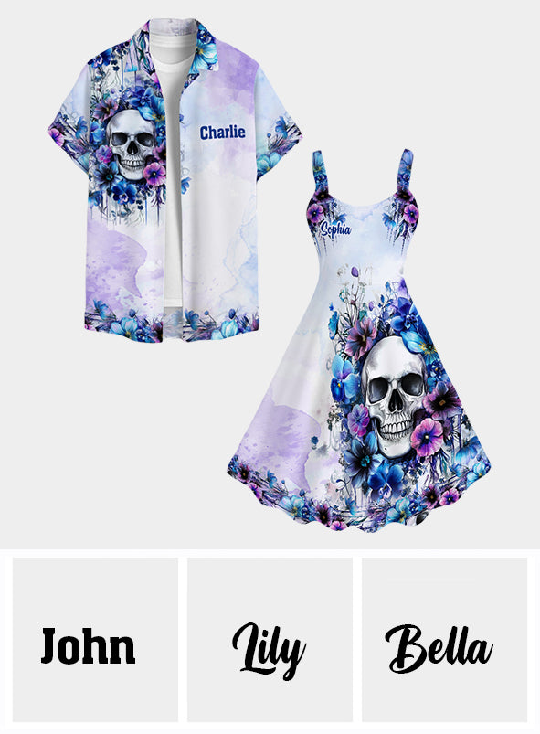 Watercolor Floral Skull - Personalized Skull Hawaiian Shirt & Sleeveless Dress