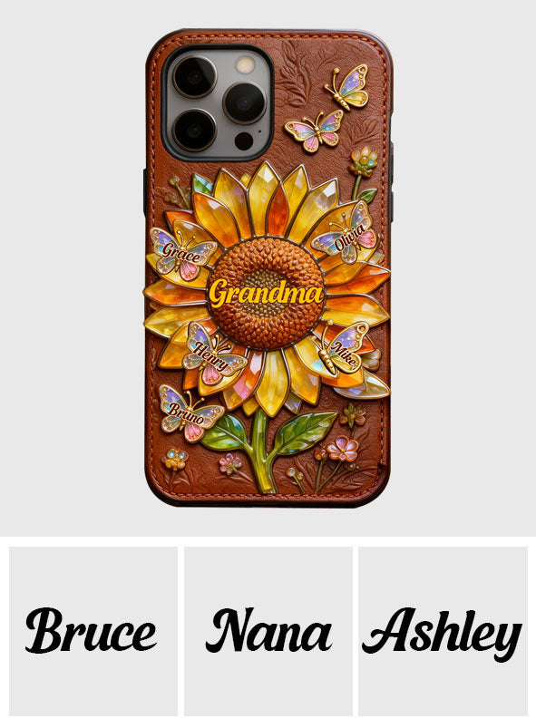 Grandma Sunflower - Personalized Grandma 3D Embossed Leather Phone Case