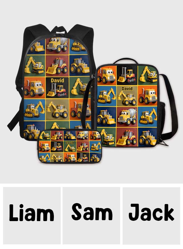Construction Machines - Personalized Kid Backpack Lunch Bag Pencil Case Set