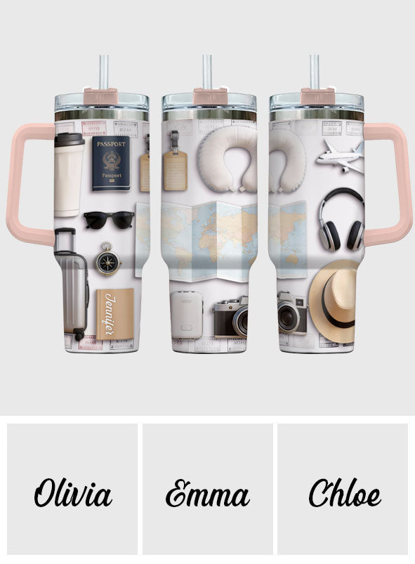 Gobelet isotherme de voyage personnalisé avec poignée « J’adore voyager »