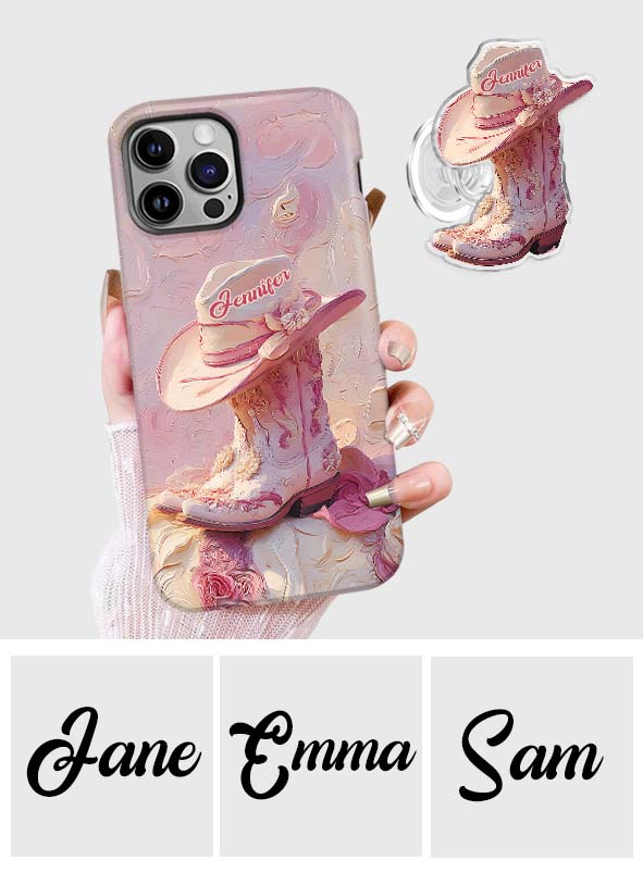 Coque de téléphone et support personnalisés « Cowgirl rose » avec imprimé intégral et support pour téléphone