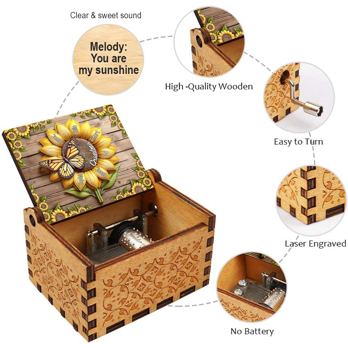 Sunflower Gift For Mom Grandma - Personalized Mother Hand Crank Music Box