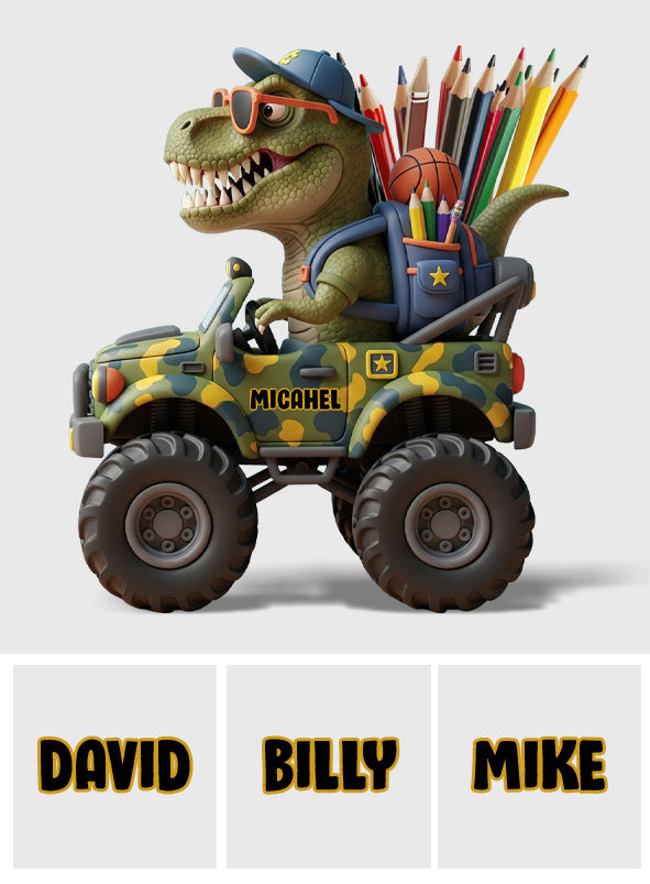 Bereit für den Schulerfolg – Personalisierter Dinosaurier-Stifthalter aus Holz