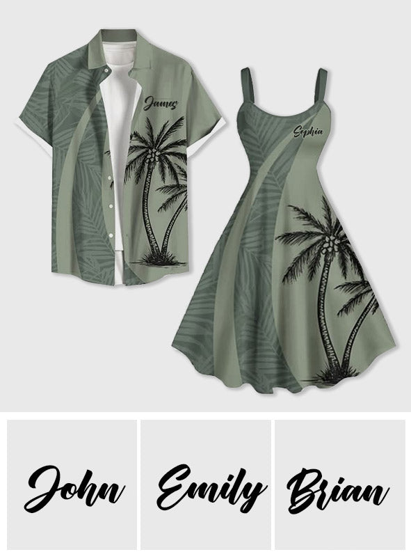 Coconut Tree Tropical Leaf Print Matching Hawaii Beach Outfit For Couples - Personalized Couple Hawaiian Shirt & Sleeveless Dress