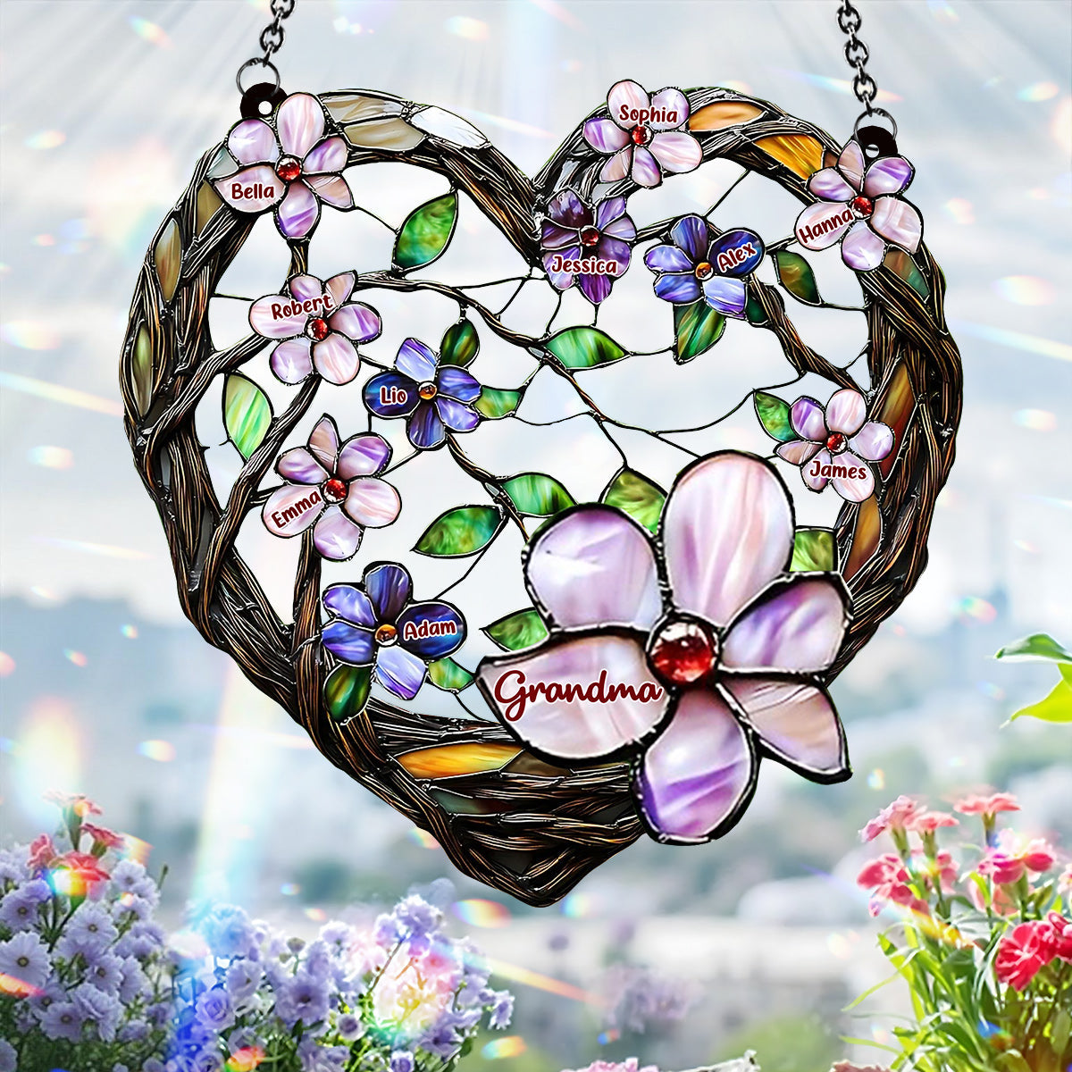 Grandma's Mom's Flowers - Personalized Grandma Window Hanging Suncatcher Ornament