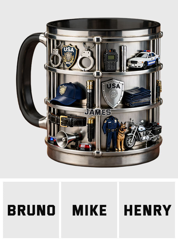 Dienen und Schützen – Personalisierte Tasse und Untersetzer mit Polizeimotiv