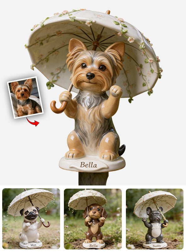 Individuell gestaltbare Gartendekoration mit Foto eines Hundes mit Regenschirm – personalisiertes Acryl-Gartenschild/Acryl-Plakette