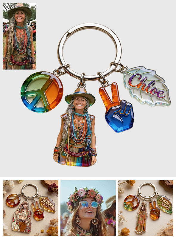 Custom Any Photo Hippie Gift - Personalized Hippie Premium Keychain With Charms